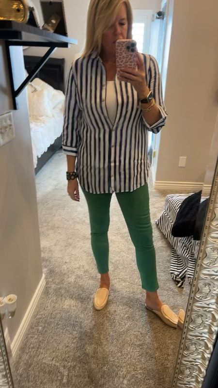 Spring outfit inspo 

Navy & green try on

Chicos Jeggings tts
White tank tts soft 
Stripped tunic in navy and white tts 
Linen mules tts 
Green cuff 

Mix and match these pieces all spring and summer

#LTKSeasonal #LTKstyletip