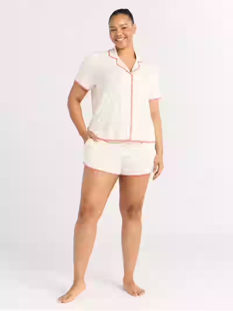 Joyspun Women’s Short Sleeve Notch Top and Shorts Pajama Set with Blanket Stitching, Sizes XS-3... | Walmart (US)
