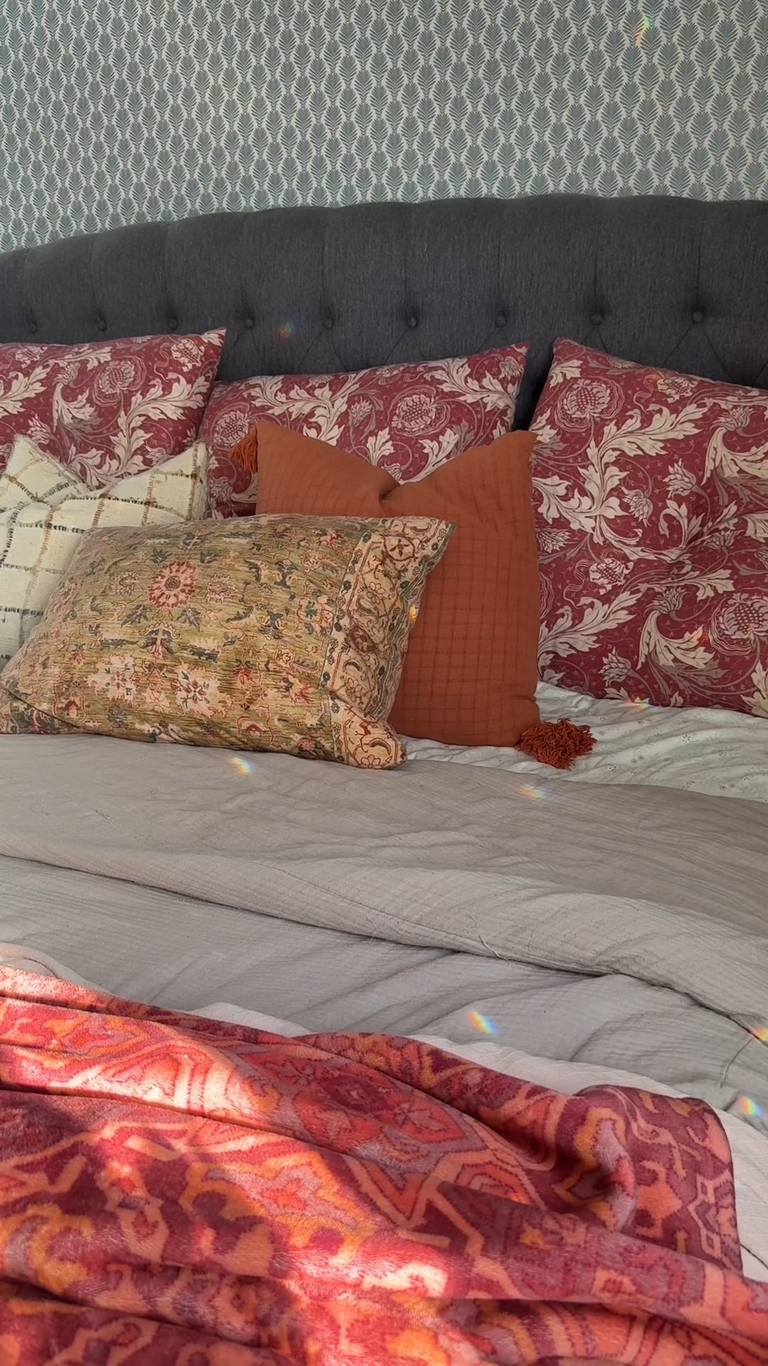 Rainbows in the bedroom from the suncatcher. Layering colors & textures for a cozy bedroom  

#LTKHome #LTKmorningroutine #LTKSeasonal