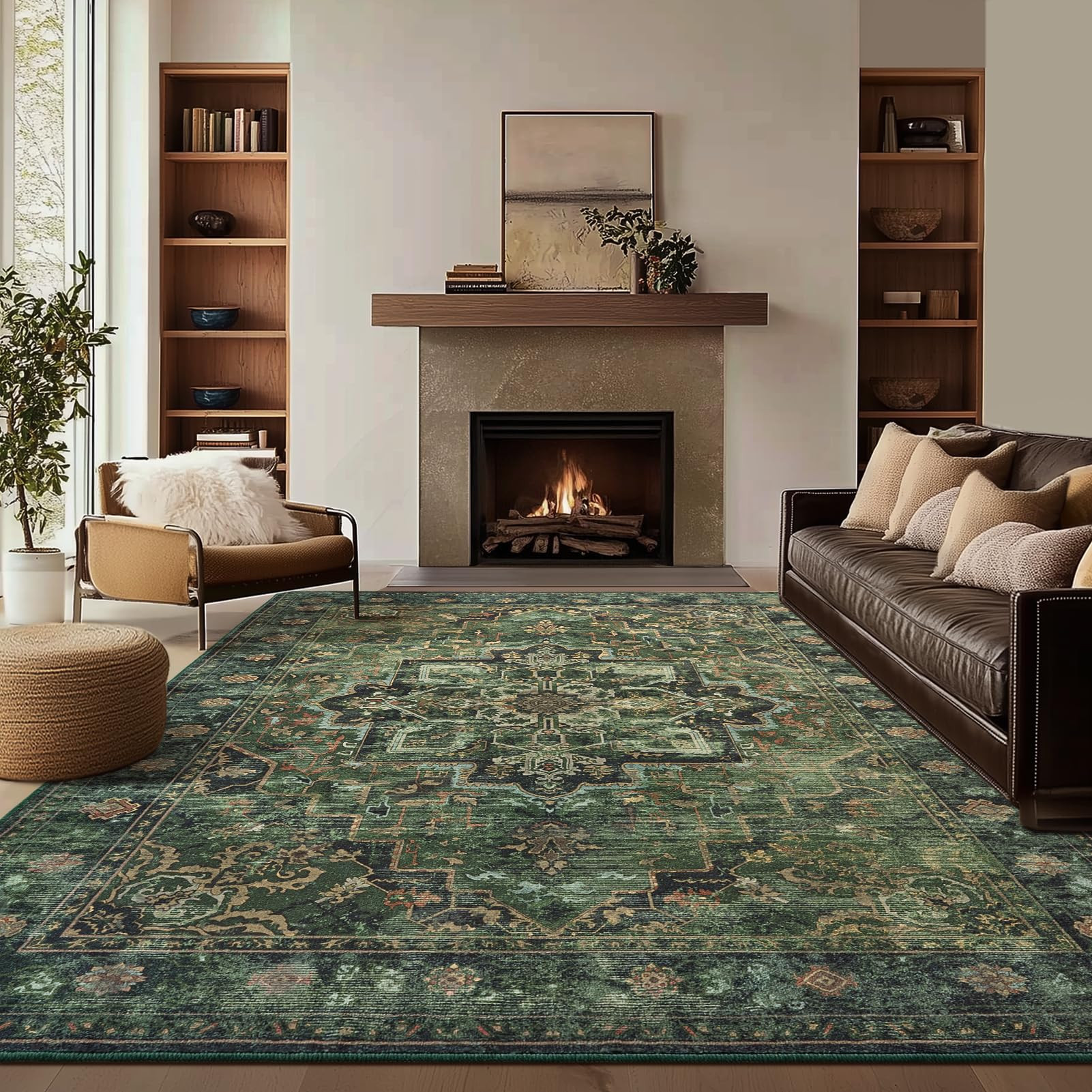 Large Vintage Area Rugs 9x12 for Living Room, Dark Green Tranditional Distressed Medallion Printe... | Amazon (US)