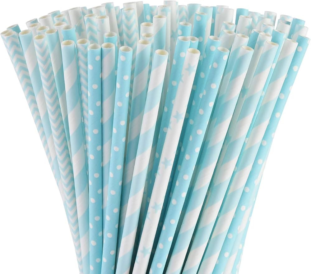 ALINK Biodegradable Light Blue White Paper Straws, Pack of 100 Party Straws for Juice, Cocktail, ... | Amazon (US)