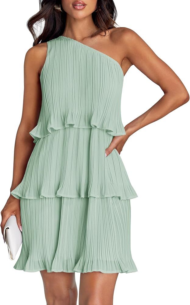 ZESICA Women's 2024 Summer Sleeveless Mini Dress Boho One Shoulder Ruffle Tiered Layered Chiffon ... | Amazon (US)