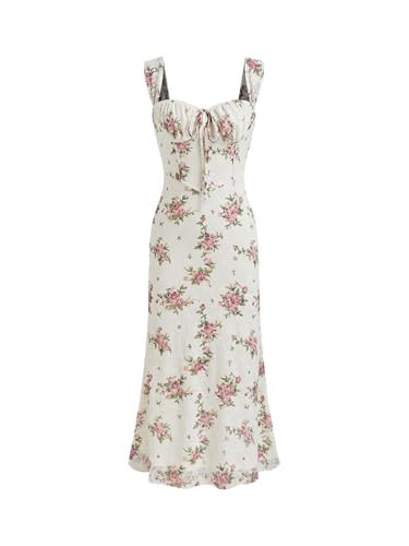 CIDER Dresses for Women Floral Lace Midi Dress Sleeveless A Line U Neck Knotted Ruffle Party Elegant Cream | Amazon (US)