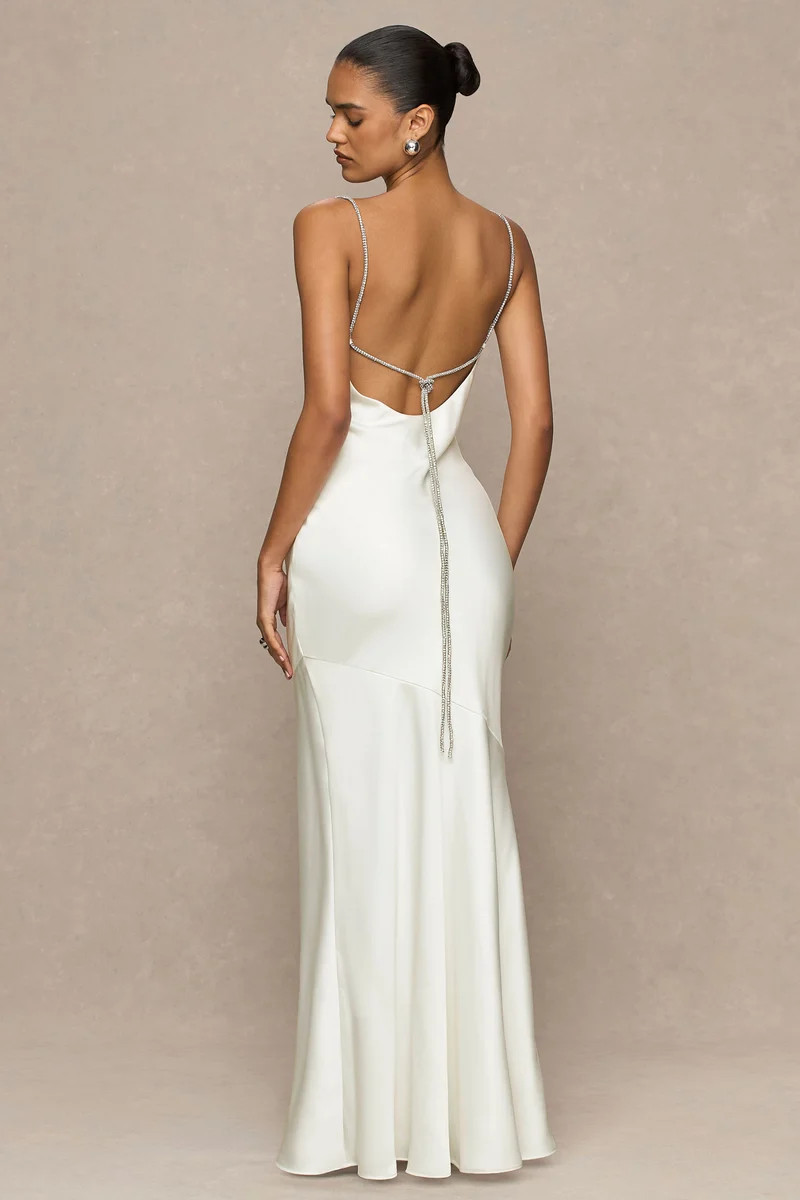 Maelia  Cream Satin Cowl-Neck Maxi Dress With Diamante Straps | Club L London