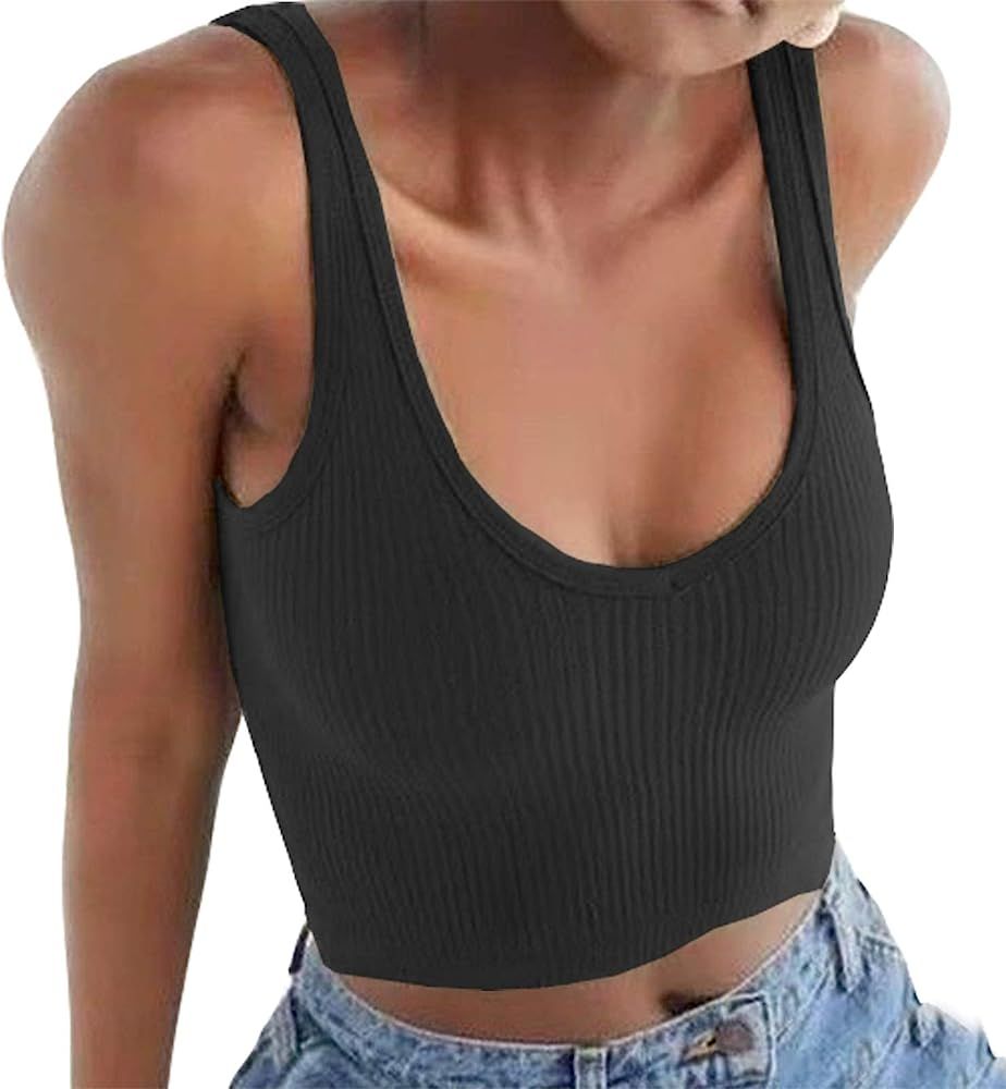 Artfish Women's Sleeveless Shirt Ribbed Drawstring Side Ruched Scoop Neck Basic Crop Tank Top | Amazon (US)