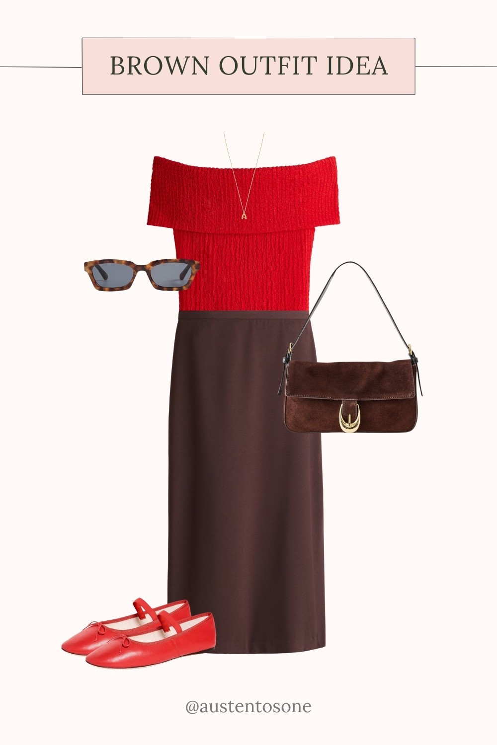 Love mixing red with brown! This outfit is mostly grounded in brown but with pops of red in the top and flats. Also added a pair of tortoise shell sunglasses  

#LTKStyleTip #LTKFindsUnder100