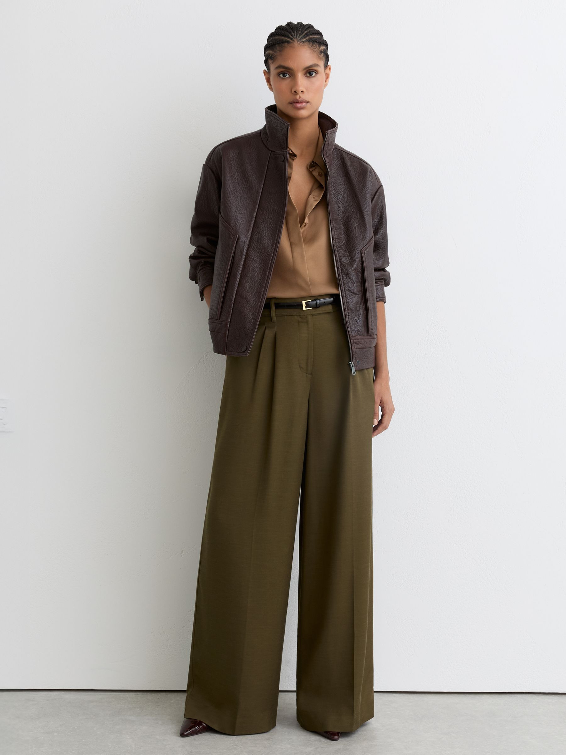 Reiss Wide-Leg Pleated Trousers in Khaki Green - REISS | Reiss UK