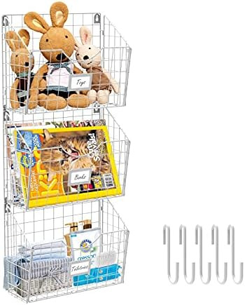 X-cosrack 3 Tier Hanging Metal Wire Basket Bin with 6 Hooks Foldable Wall Mount File Holder Sorte... | Amazon (US)