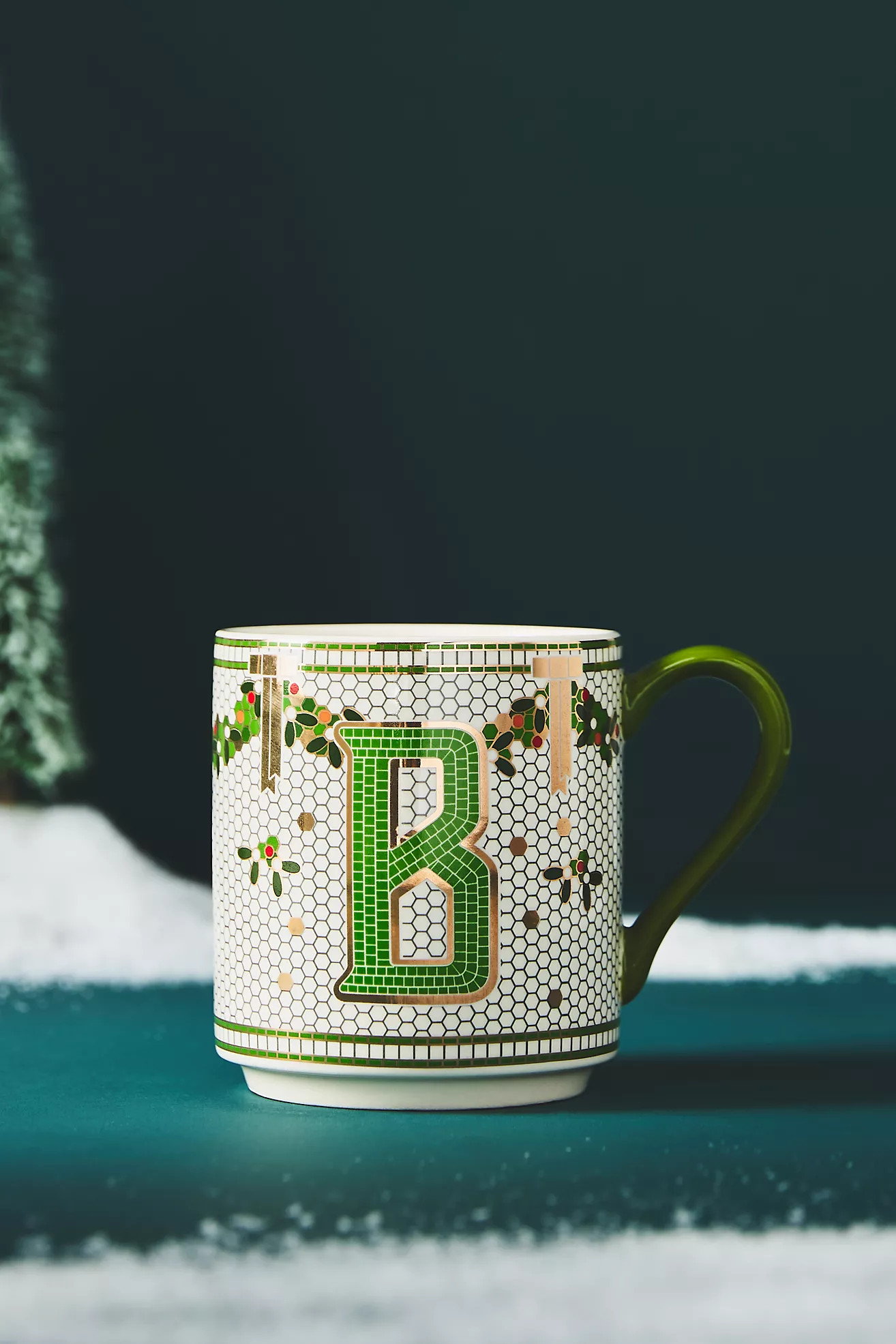 Bistro Festive Tile Stoneware Monogram Mug | Anthropologie (US)