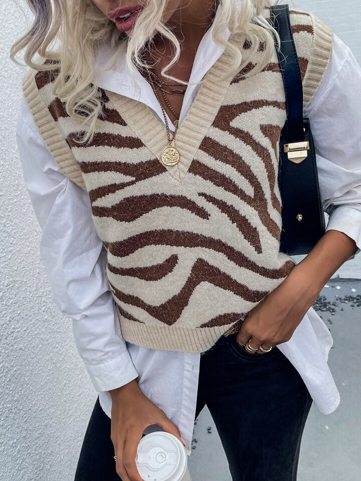 Zebra Stripe Pattern Sweater Vest Without Blouse | SHEIN