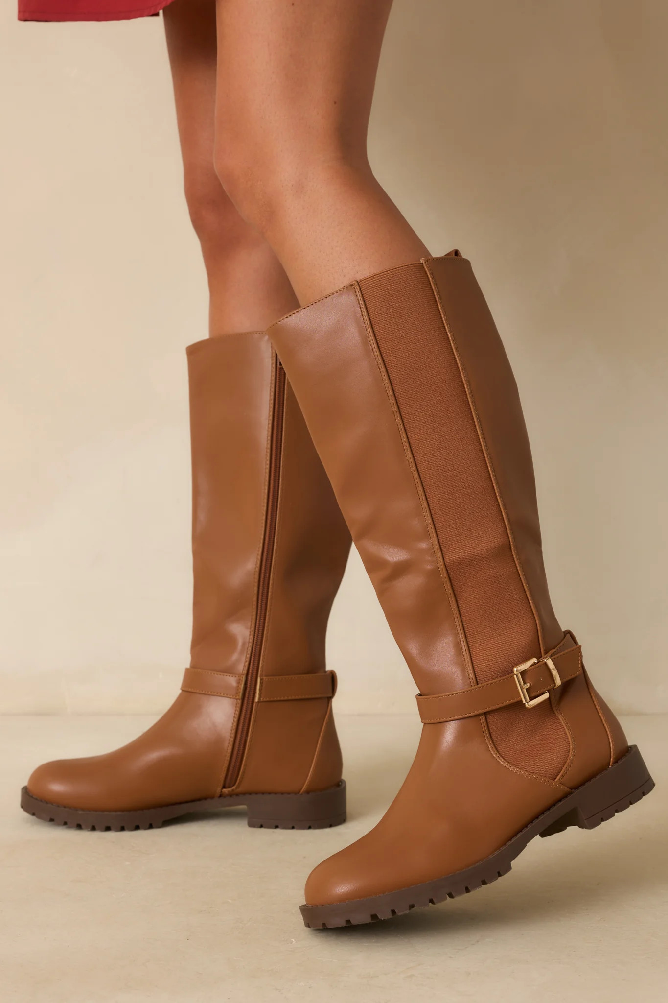 Staying Put Caramel Brown Faux Leather Knee High Riding Boots | Red Dress