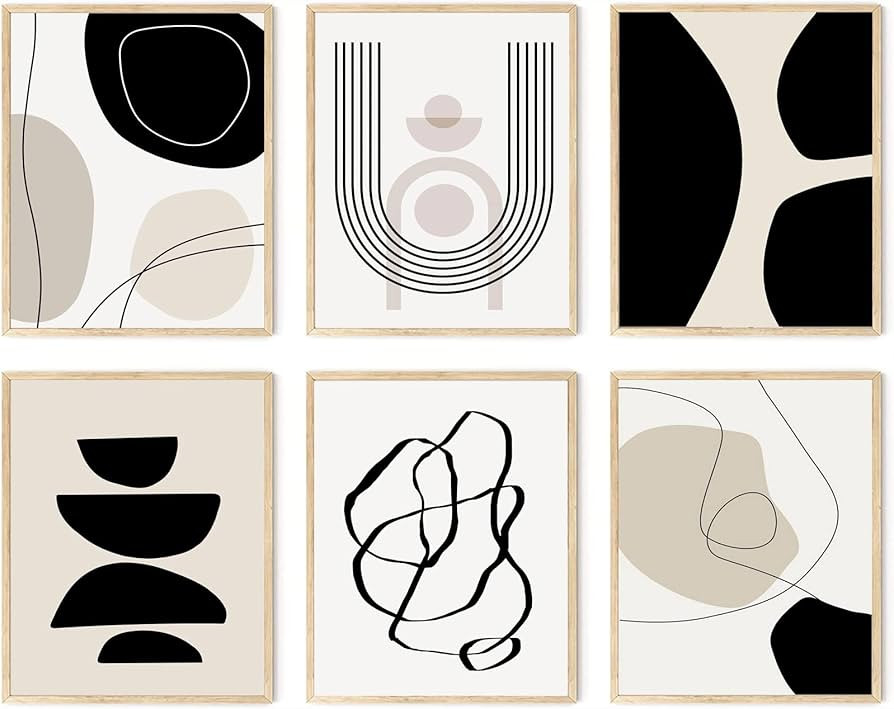 Abstract Boho Wall Art Prints Set of 6, Minimalist Geometric Boho Wall Art Black Brown Beige Line... | Amazon (US)