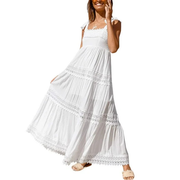 Womens Casual Square Neck Sleeveless Lace Long Boho Maxi Beach Dress - Walmart.com | Walmart (US)