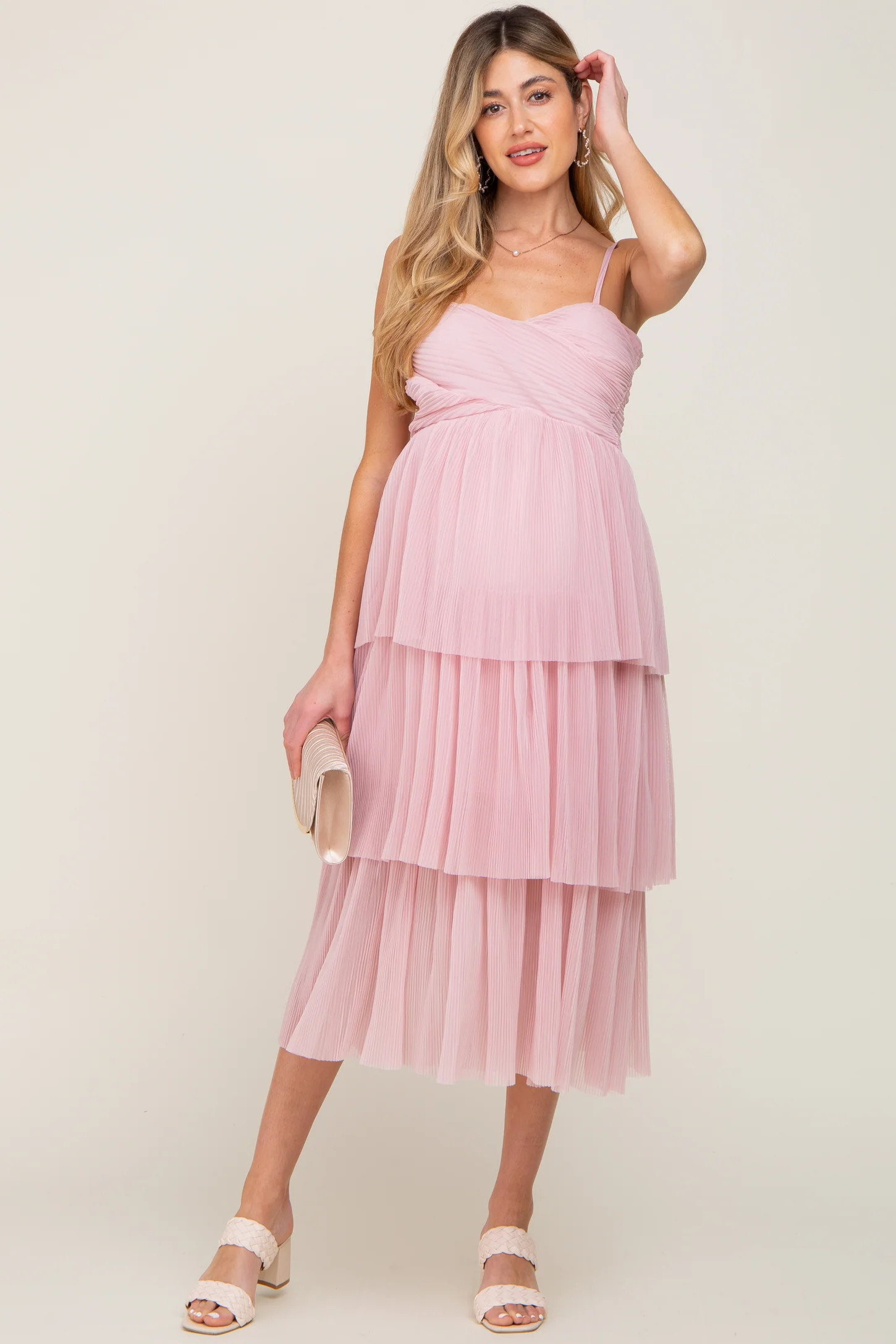 Pink Pleated Tiered Maternity Midi Dress | PinkBlush Maternity