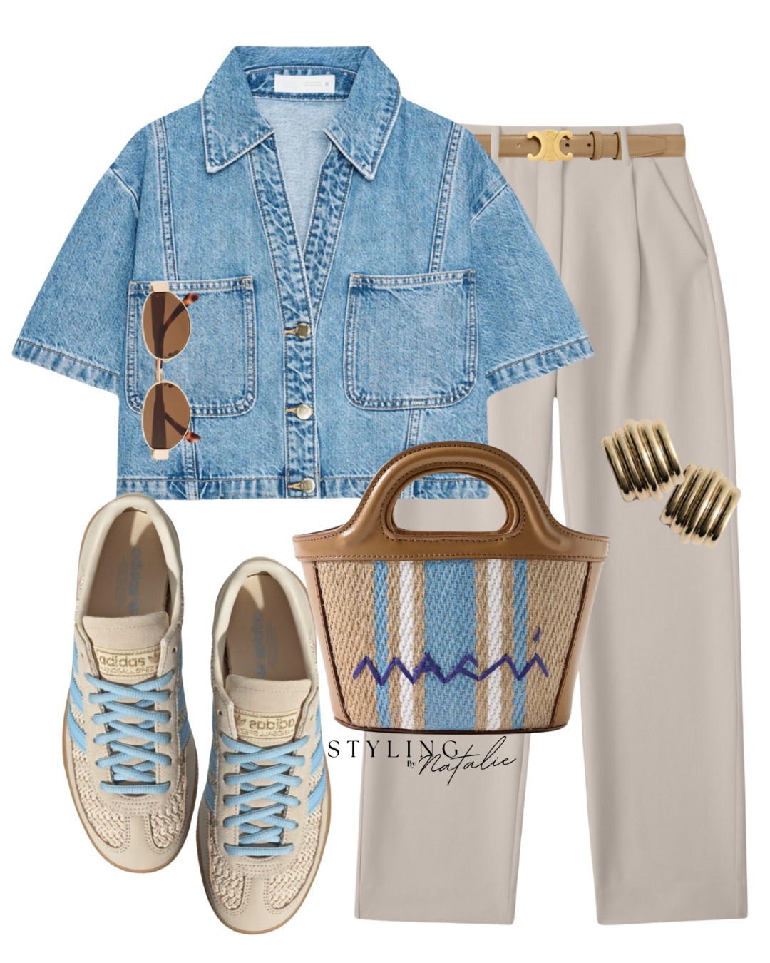 Casual chic summer outfit🩵
Denim cropped shirt, tailored trousers, Adidas  trainers, Marni tote bag, Celine belt & Sunglasses. Trendy, smart casual, sneakers, Zara,  chic

#LTKsummer #LTKshoes #LTKeurope