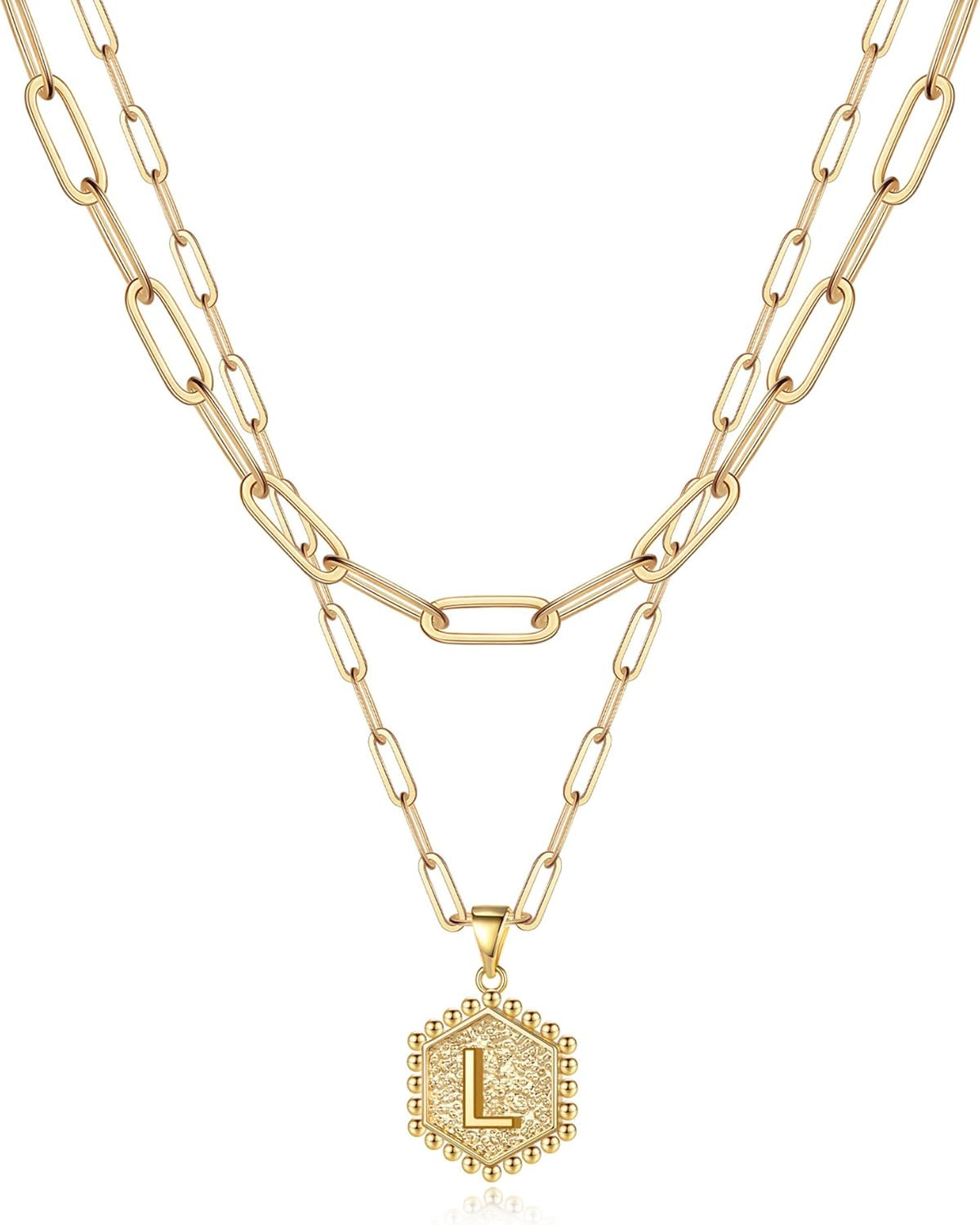 Turandoss Layered Initial Necklaces for Women, 14K Gold Plated Paperclip Chain Necklace Hexagon L... | Amazon (US)