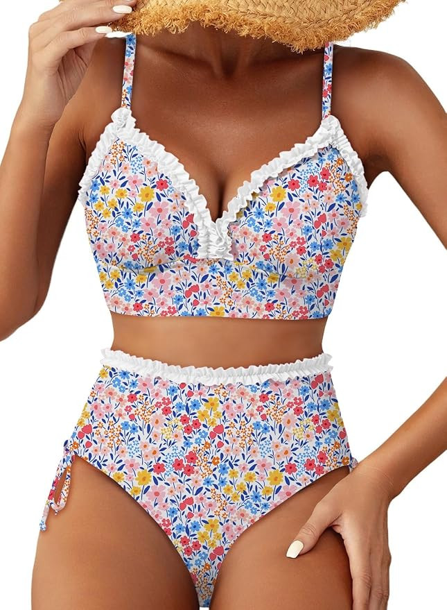 Women's Splice Ruffle Trim Bikini Sets Tie Side Swimsuits High Waisted Bathing Suits | Amazon (US)