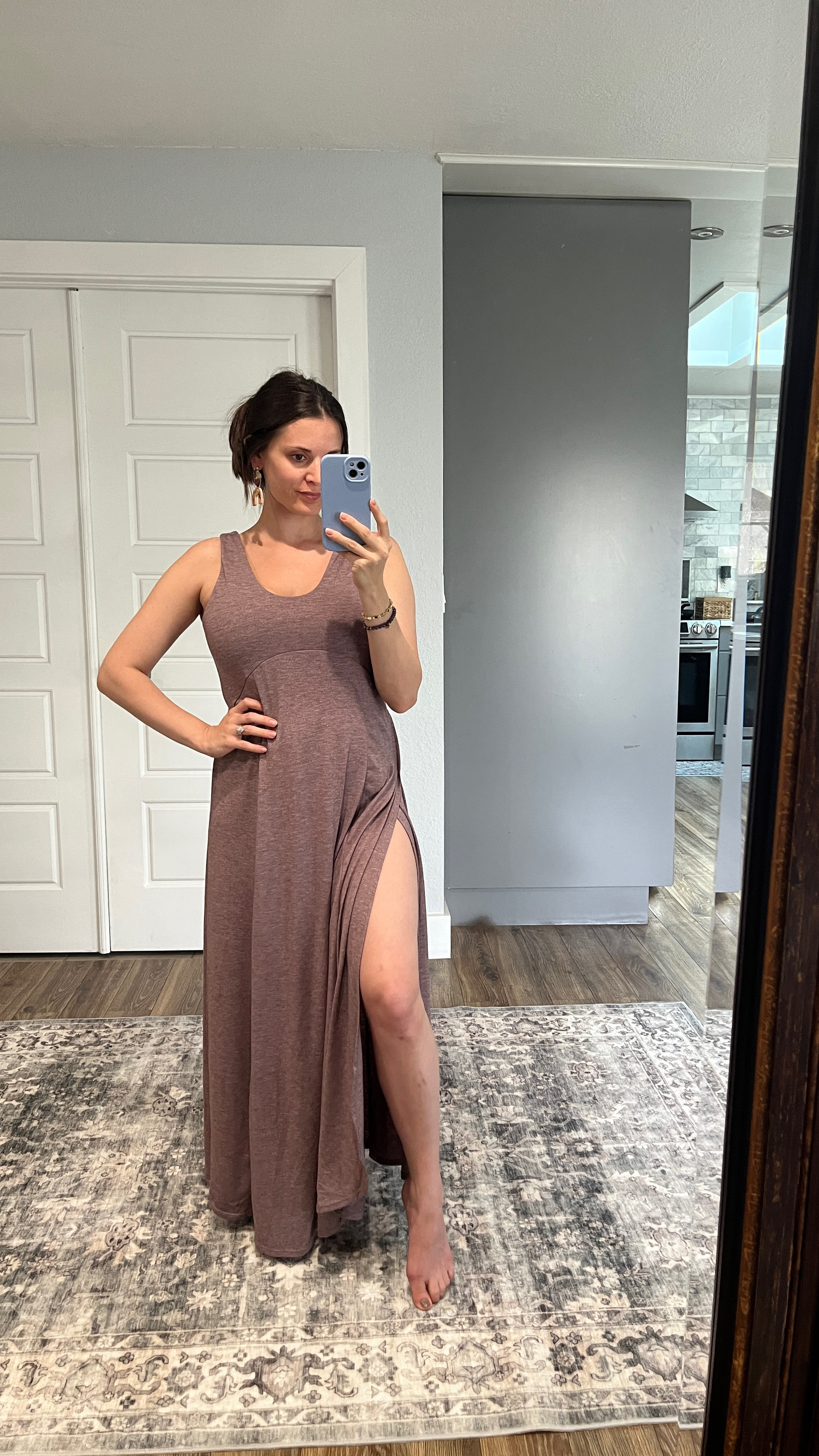 This HALARA dress is more than I expected!. 
It really is a light weight material. 
Perfect for summer pregnancy or postpartum stying. 
The leg slits on the sides are so fun. The seams are done perfectly to prevent them from opening when walking, spinning, bending. 
You have to open it to get your leg out which is perfect for such a high opening. 

I am 5’3 wearing a small 
34DDD chest and pregnant 2nd trimester. 
I would say for 3rd trimester size up. 

#LTKBump #LTKFindsUnder50