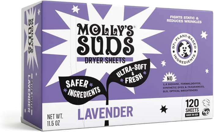 Molly's Suds Fabric Softener Dryer Sheets for Sensitive Skin | Plant-Based Static Reducer, Plasti... | Amazon (US)