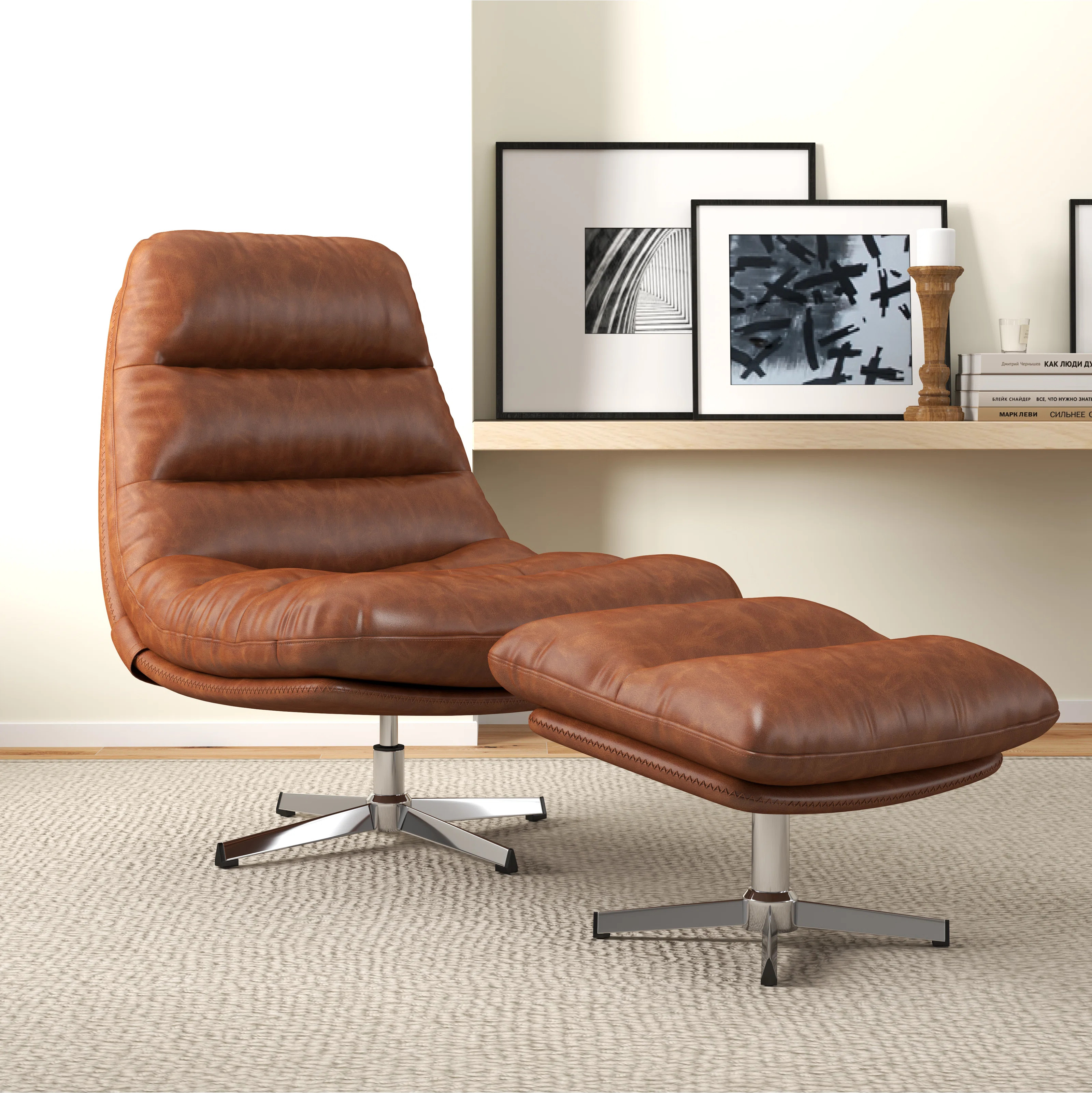 Dhruvah Upholstered Swivel Accent Chair with Ottoman Faux Leather Club Chair for Living Room/Bedr... | Wayfair North America