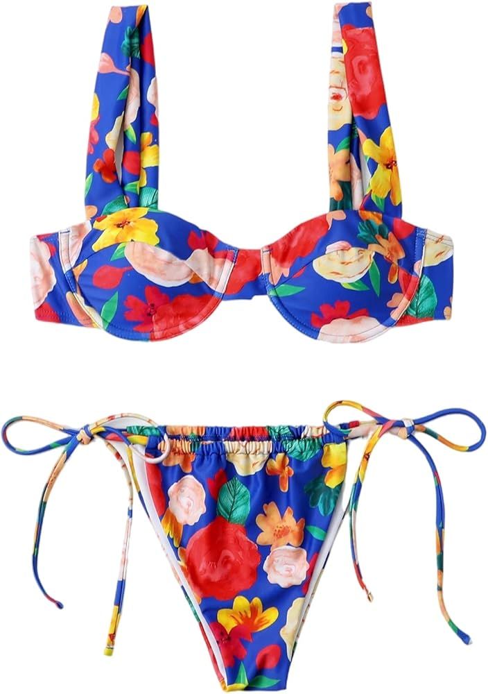 WDIRARA Women's Floral Print Push Up Straps Triangle Tie Side Bikini Set Two Piece Swimsuits | Amazon (US)