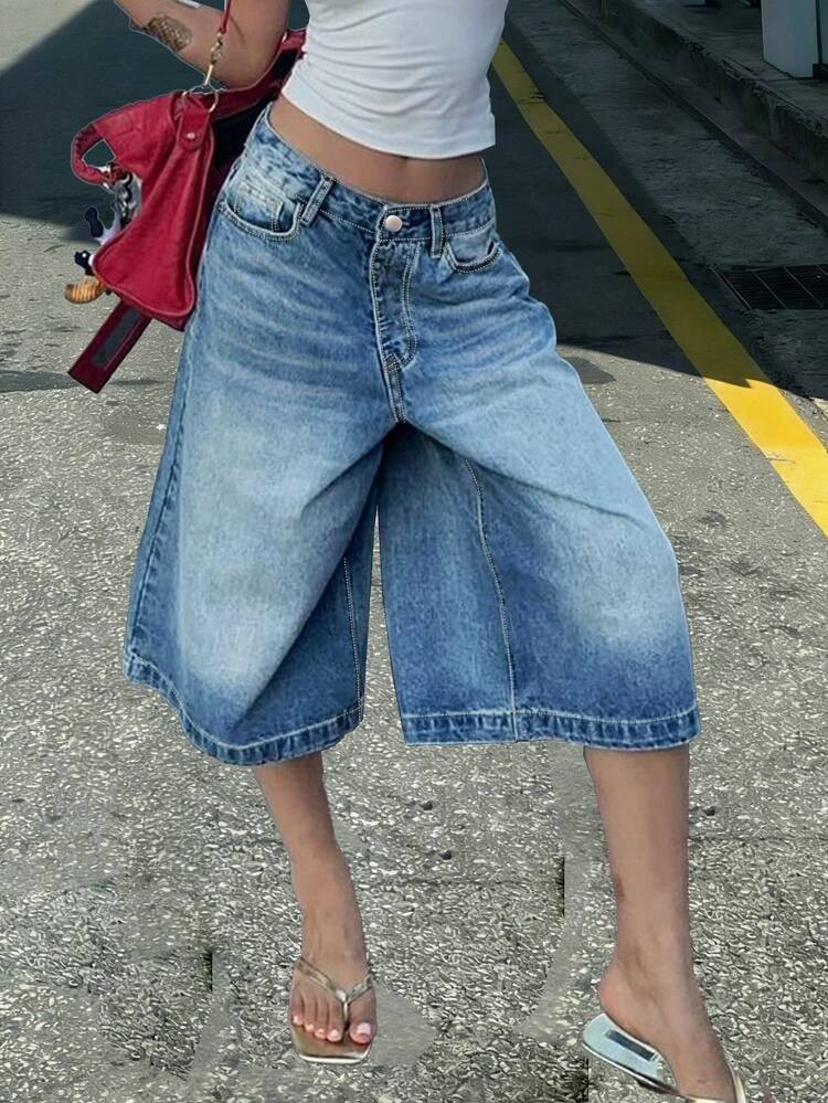 Women's Low-Waist Light-Wash Casual Straight-Leg Denim Shorts, Versatile Daily Wear Summer | SHEIN
