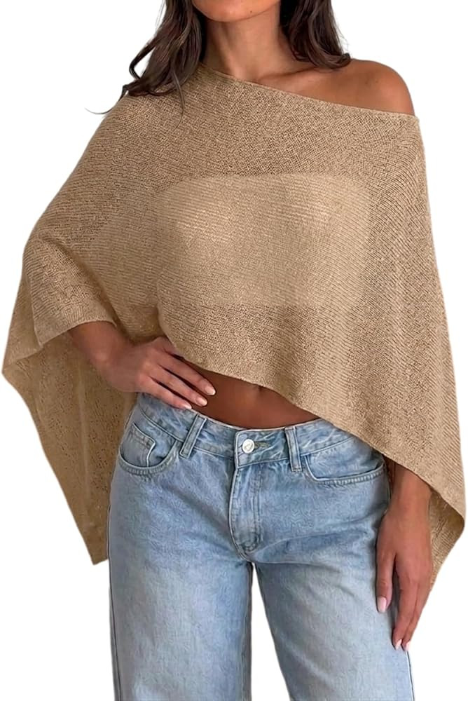 Womens Sheer Poncho Top Y2k Knitted Summer Asymmetrical Mesh Shawl Pullover Sweater Cover Up Tops | Amazon (US)
