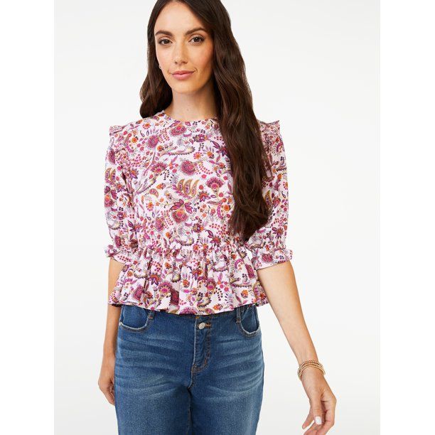 Scoop Women's Printed Peplum Top with Short Sleeves | Walmart (US)