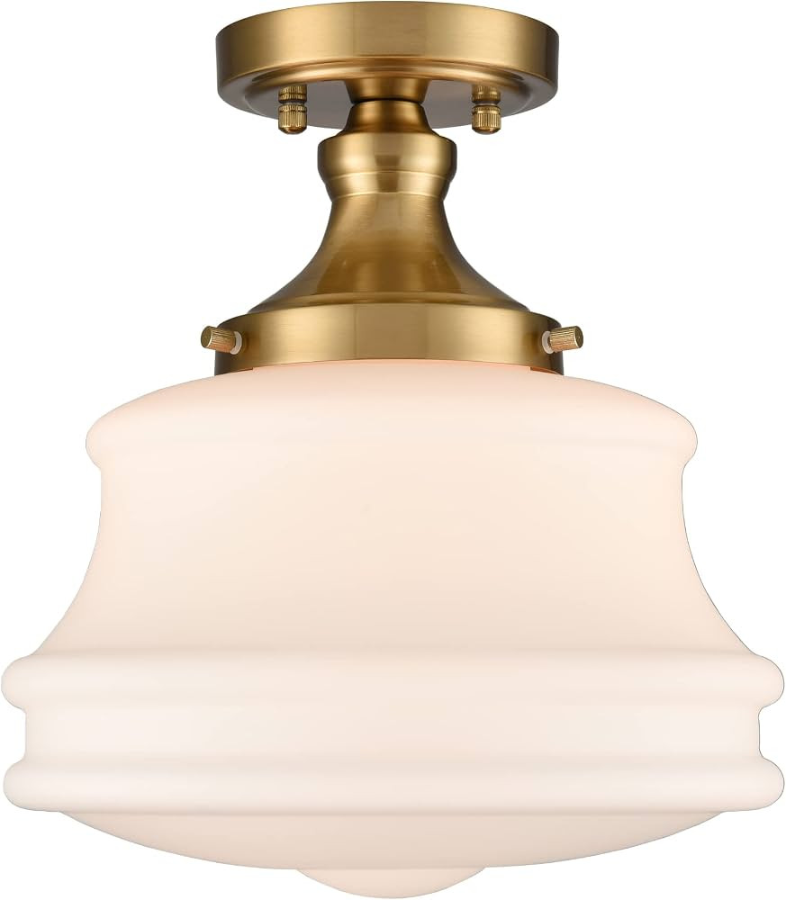 Modern Brass Schoolhouse Semi Flush Ceiling Light, Opal Milk Glass | Amazon (US)
