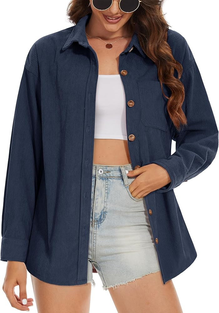 MAGCOMSEN Womens Corduroy Shacket Long Sleeve Button Down Shirt Spring Casual Jacket Bust Pocket ... | Amazon (US)