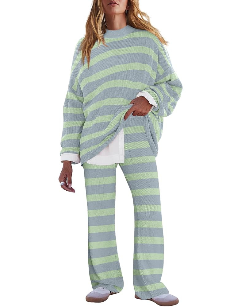 LAMISSCHE Oversized Womens Lounge Set Striped Sweater Set Long Sleeve 2 Piece Pajama Set Top and ... | Amazon (US)