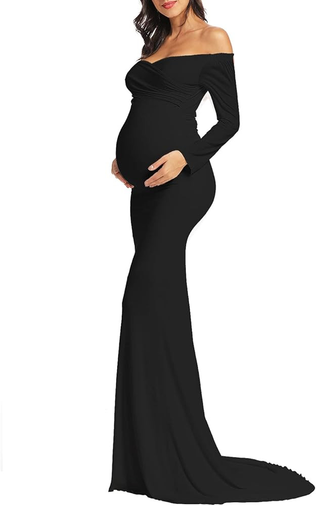 Off Shoulder Mermaid Maternity Gown for Photoshoot/Slim Fit Long Sleeve Maternity Maxi Dress Baby... | Amazon (US)