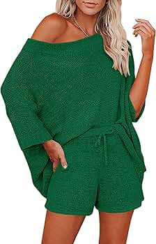 Mafulus Women's 2 Piece Outfits Sweater Set Off Shoulder Knit Top + Drawstring Waist Short Suits ... | Amazon (US)