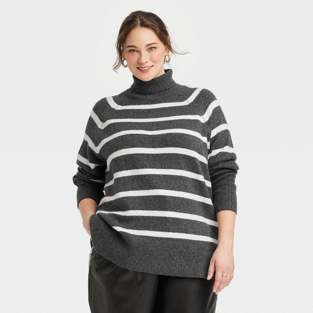 Women's Plus Size Mock Turtleneck Tunic Sweater - A New Day Gray Striped 1X | Target
