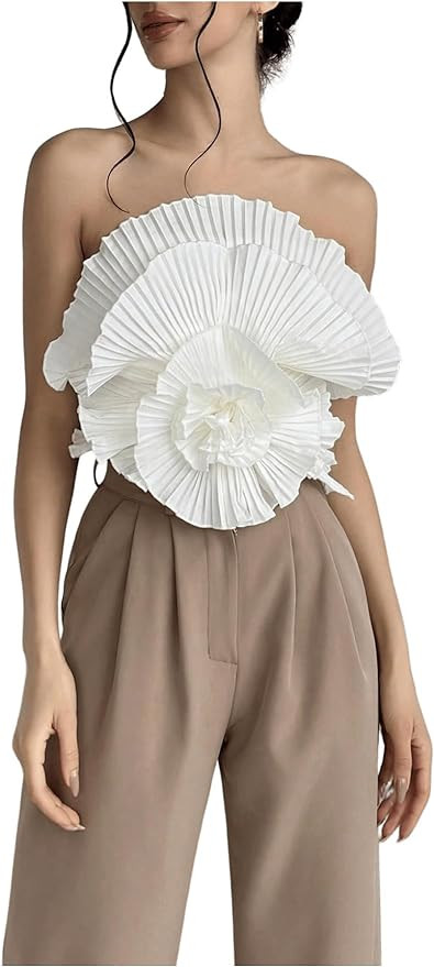 GORGLITTER Women's 3D Flower Crop Strapless Bandeau Pleated Sleeveless Tube Top | Amazon (US)