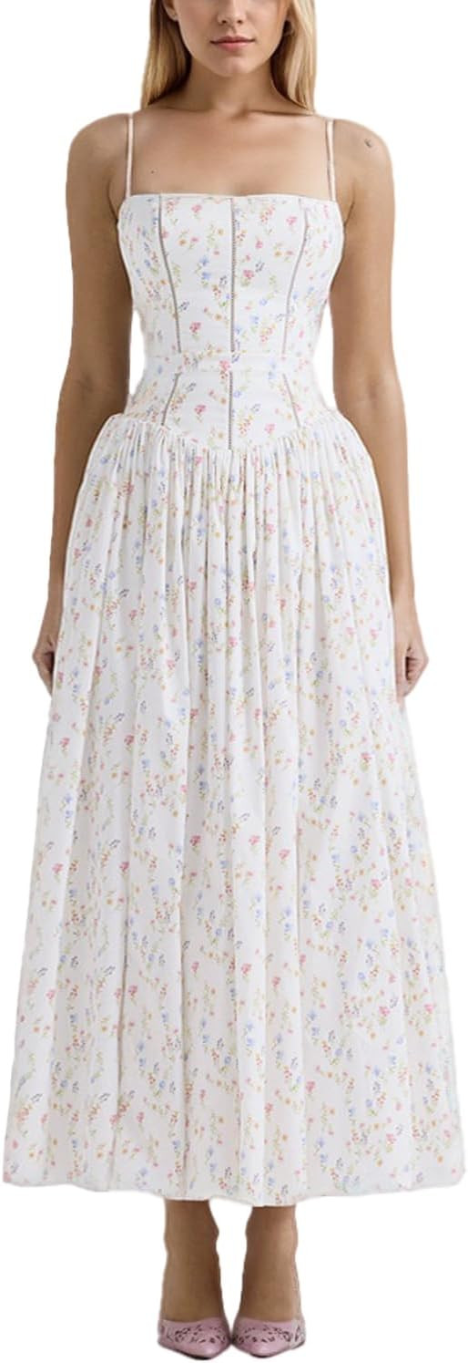 Women's Floral Print Maxi Dress, Square Neck, Spaghetti Strap, White Summer A-Line Sundress | Amazon (US)