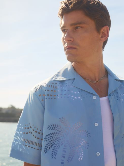 Reiss | Ché Poplin Laser Cut-Out Cuban Collar Shirt in Soft Blue | Reiss UK