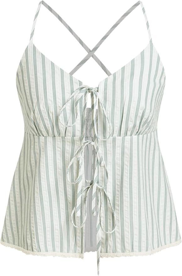 CIDER Womens Tie Front Tops Cotton Blend Going Out Striped Sleeveless V Neck Vacation Beach Tank ... | Amazon (US)