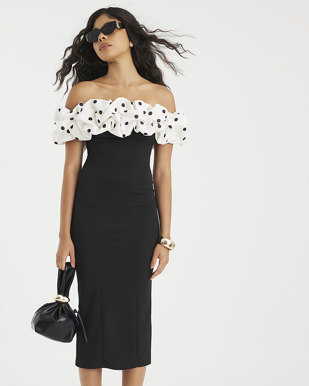 Black Ruffle Bardot Polka Dot Midi Dress | River Island UK & IE