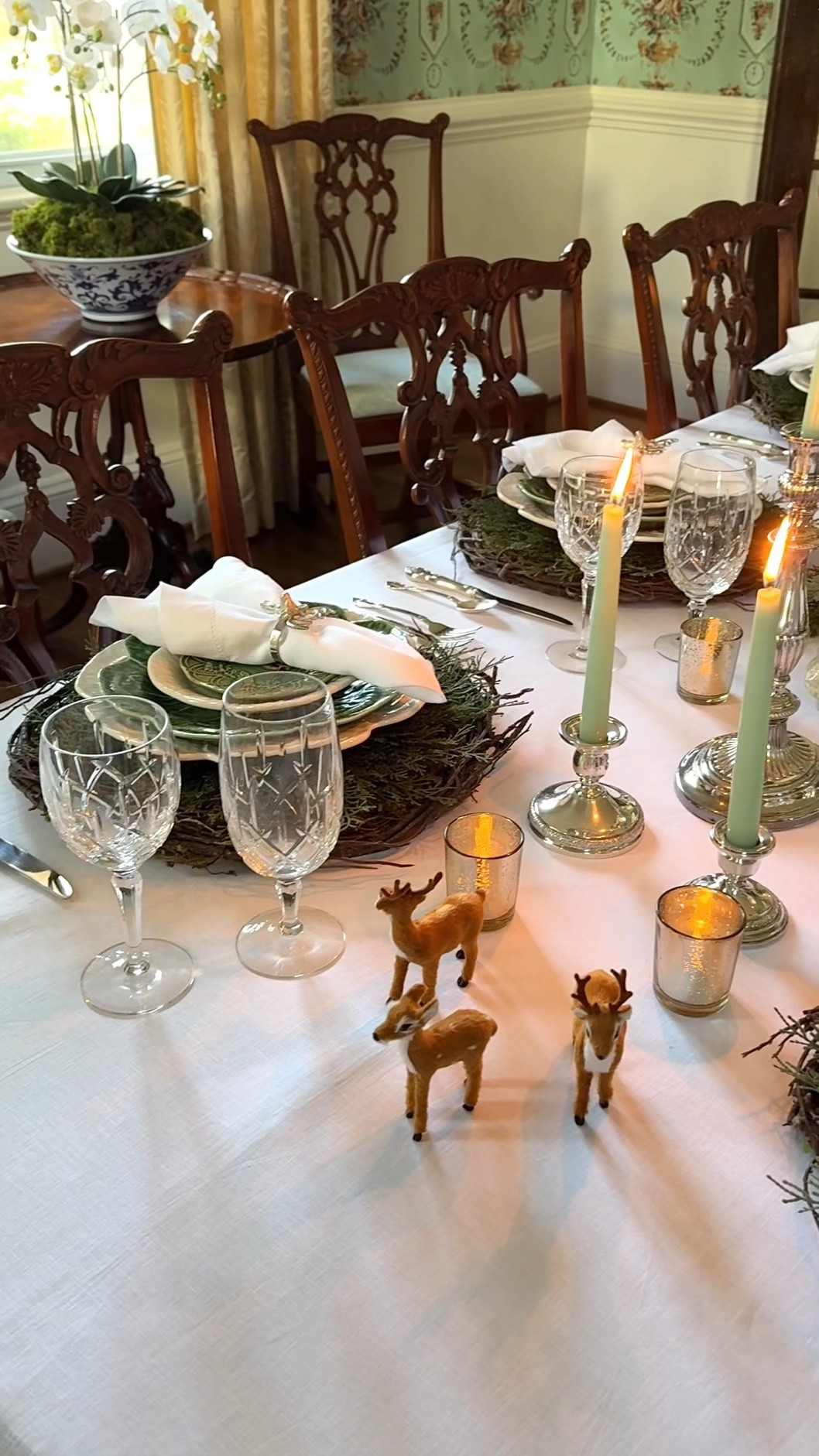 With a few simple swaps, my Thanksgiving table has transformed into a festive Christmas table.✨ I added mercury glass trees, glowing silver candle holders with green candles, charming reindeer accents, and a touch of sparkle with glittery gold stems added to the centerpiece. To tie it all together, I adorned the napkins with reindeer napkin rings—it’s all about those magical little touches. 🎄✨

When it comes to holiday tablescapes, do you prefer a subtle, understated vibe or something bold and over-the-top? Let me know your go-to holiday style! 🎄✨

#ChristmasTableDecor #HolidayTablescape #FestiveTableSetting #HomeForTheHolidays #HolidayHosting

#LTKSeasonal #LTKHoliday #LTKHome