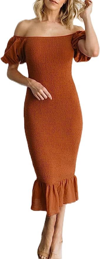 Amazon.com: BerryGo Women's Smocked Bodycon Off Shoulder Puff Short Sleeve Mermaid Dress Ruffle S... | Amazon (US)