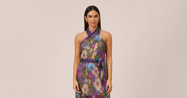 Floral-Print Metallic Crinkled Mesh Long Halter Tiered Dress In Magenta | Adrianna Papell