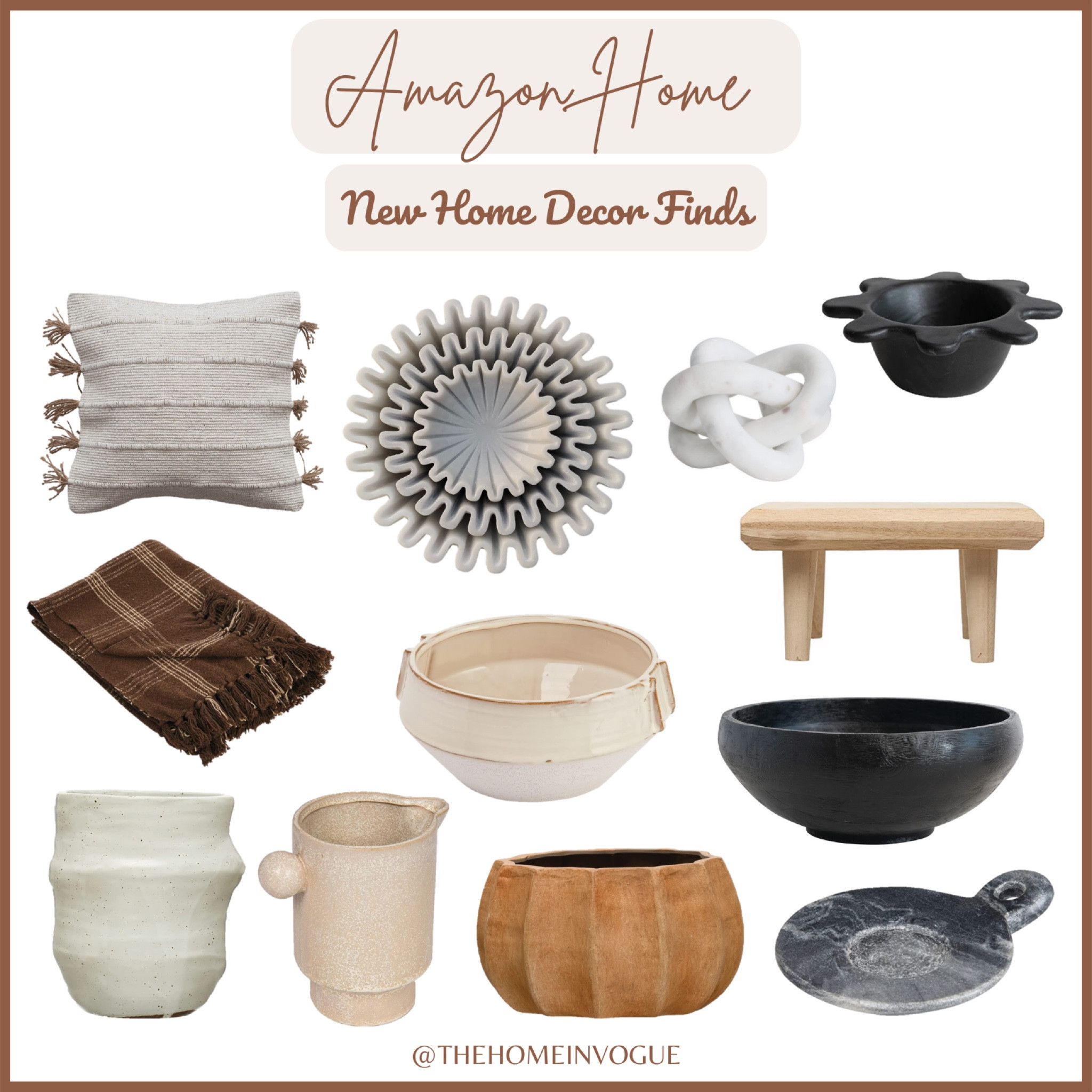 Amazon home decor finds, Amazon home, Scalloped marble bowl, brown plaid throw blanket, creative co-op boho woven jute and cotton throw pillow, plaid cotton throw pillow, white speckled stoneware crock, stoneware flower shaped bowl, interlocking marble chain with three links, Bloomingville Paulownia wood footed pedestal, carved wood black bowl, fluted terracotta planter, ruffle marble bowl, stoneware pitcher, marble bowl with gold stand, carved marble tray, stoneware ivory planter, stoneware pleated design vase

#LTKstyletip #LTKhome #LTKFind