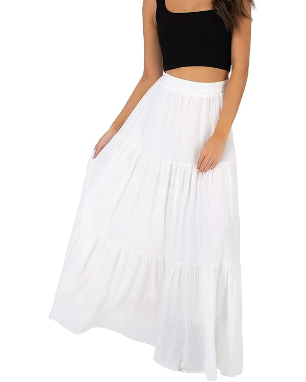 Annebouti Womens Summer Spring Boho Elastic Long Skirts High Waist Pleated A Line Tiered White or... | Amazon (US)