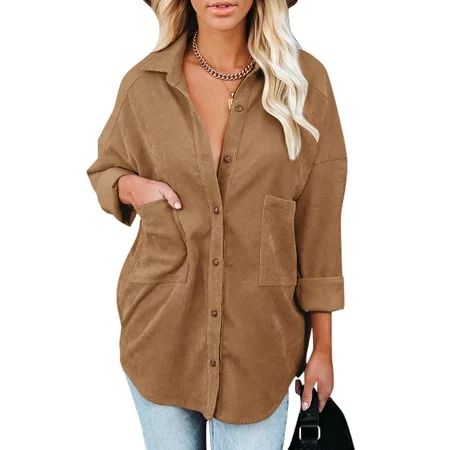 Lumento Ladies Loose Holiday Corduroy Shirt Single Breasted Lapel Neck Jacket Casual Button Down Sha | Walmart (US)