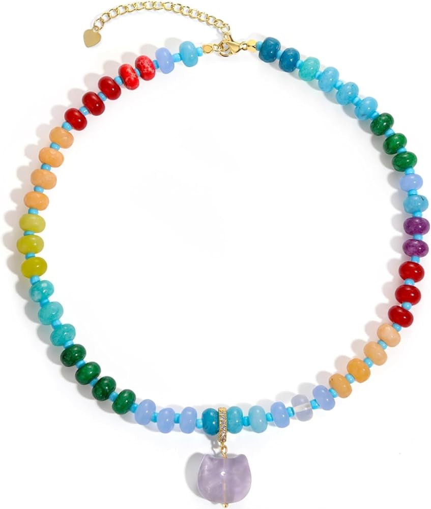 Beaded Gemstone Necklace with Cat Pandent, Colorful Boho Bead Choker Necklaces for Women Natural ... | Amazon (US)