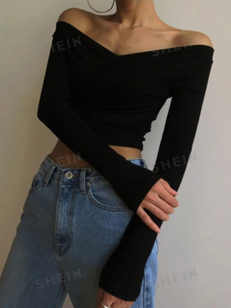 DAZY Women's Spring & Autumn Off-Shoulder Solid Color Casual T-Shirt | SHEIN