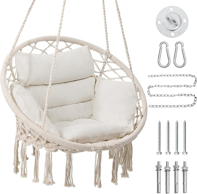 Macrame Hammock Hanging Swinging Chair with Medium Cushion, Perfect for Bedroom, Porch, Adults, B... | Amazon (US)