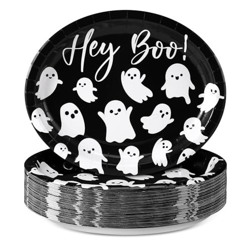 Funnymoom 50 Pcs Halloween Oval Paper Plates Hey Boo Large 11" Disposable White Ghost Party Plates Decorations Spooky Round Platter for Halloween Home Table Party Supplies | Amazon (US)