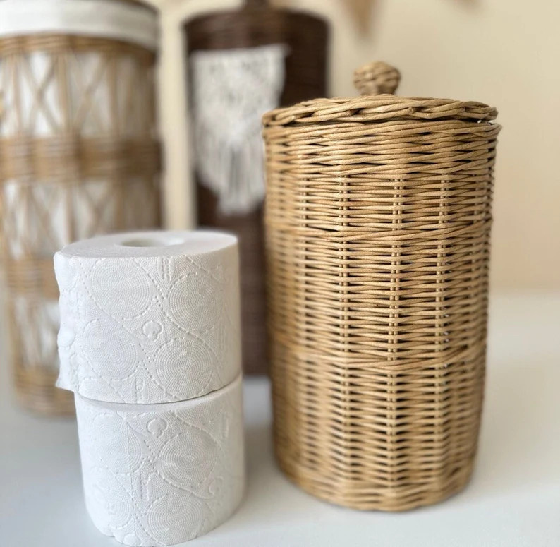 Wicker Beige Cylinder Bathroom Toilet Roll Holder Storage Wicker Basket Bath Roll Holder Toilet P... | Etsy (US)